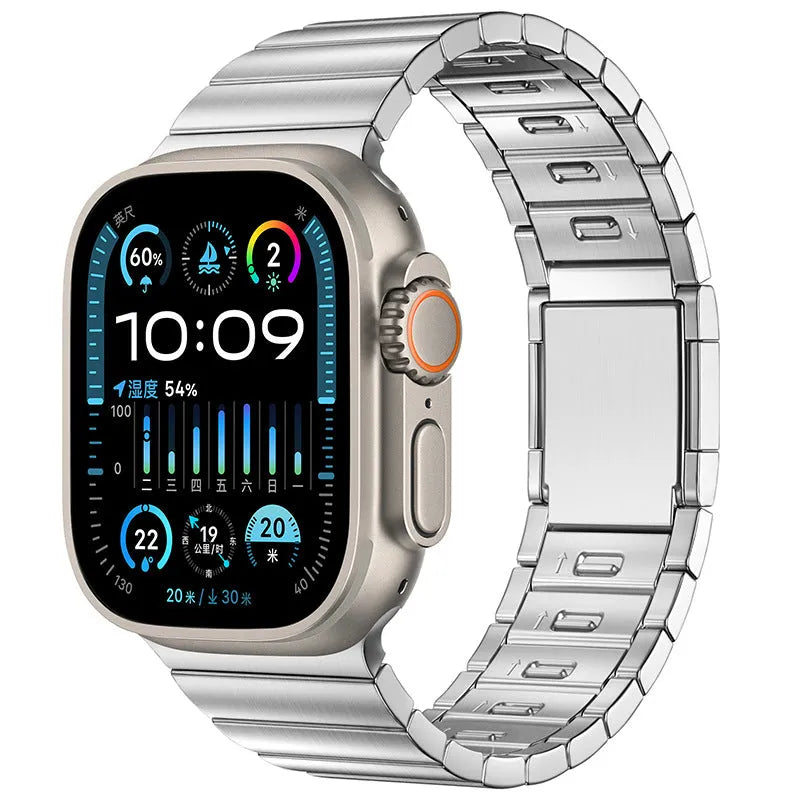 Stainless steel magnetic buckle watch strap for Apple Watch in silver colour showing business style and magnetic clasp