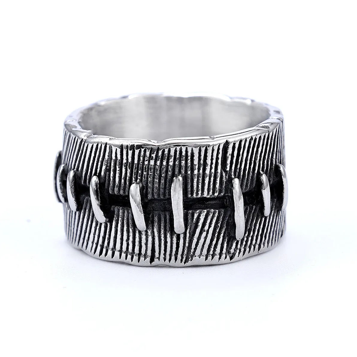 Dark punk-style geometric titanium steel double ring in retro colour on a U-shaped band.