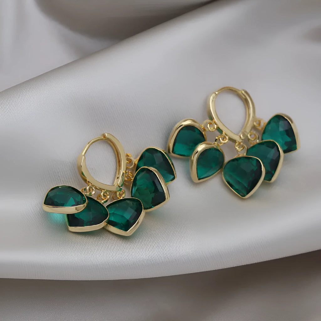 Green heart-shaped clip earrings with alloy inlaid gemstone details in Korean style