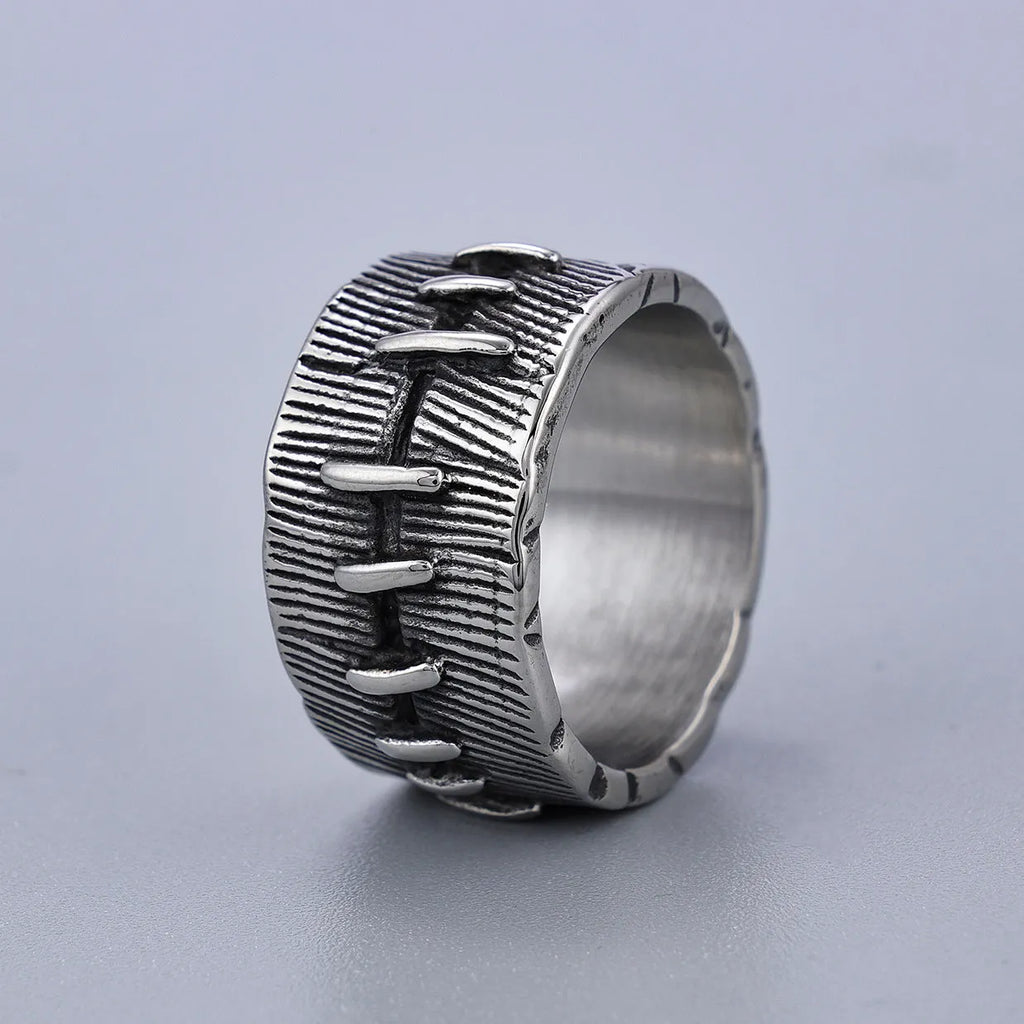 Dark punk-style geometric titanium steel double ring in retro colour on a U-shaped band.