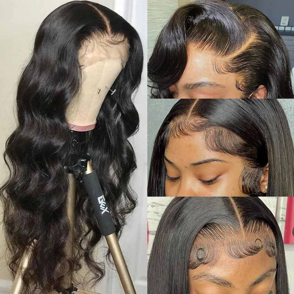 Black long curly synthetic wig with side bangs and a lace front, shown on a mannequin head.