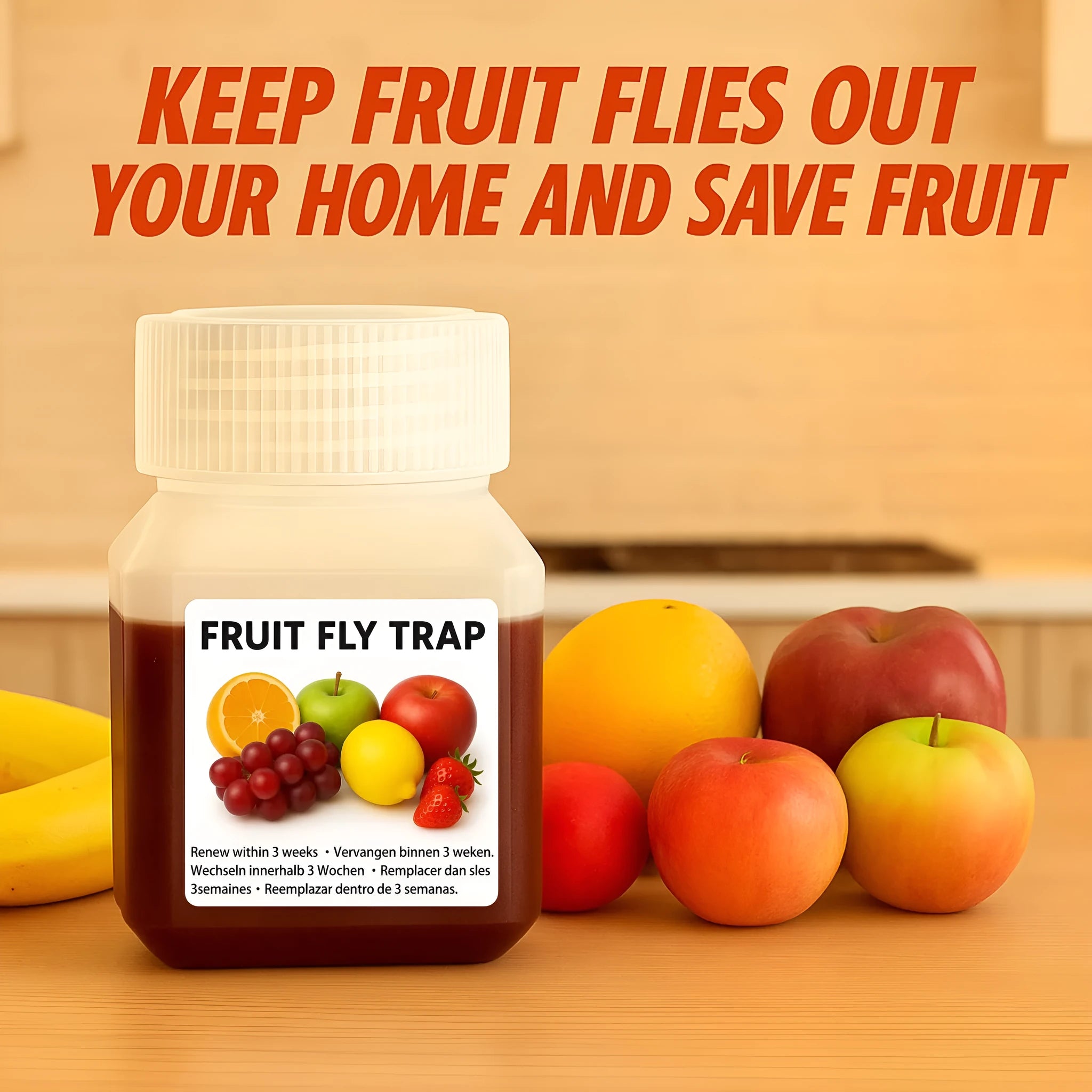 Fruit fly bait liquid bottle with specification options including with and without funnel accessories