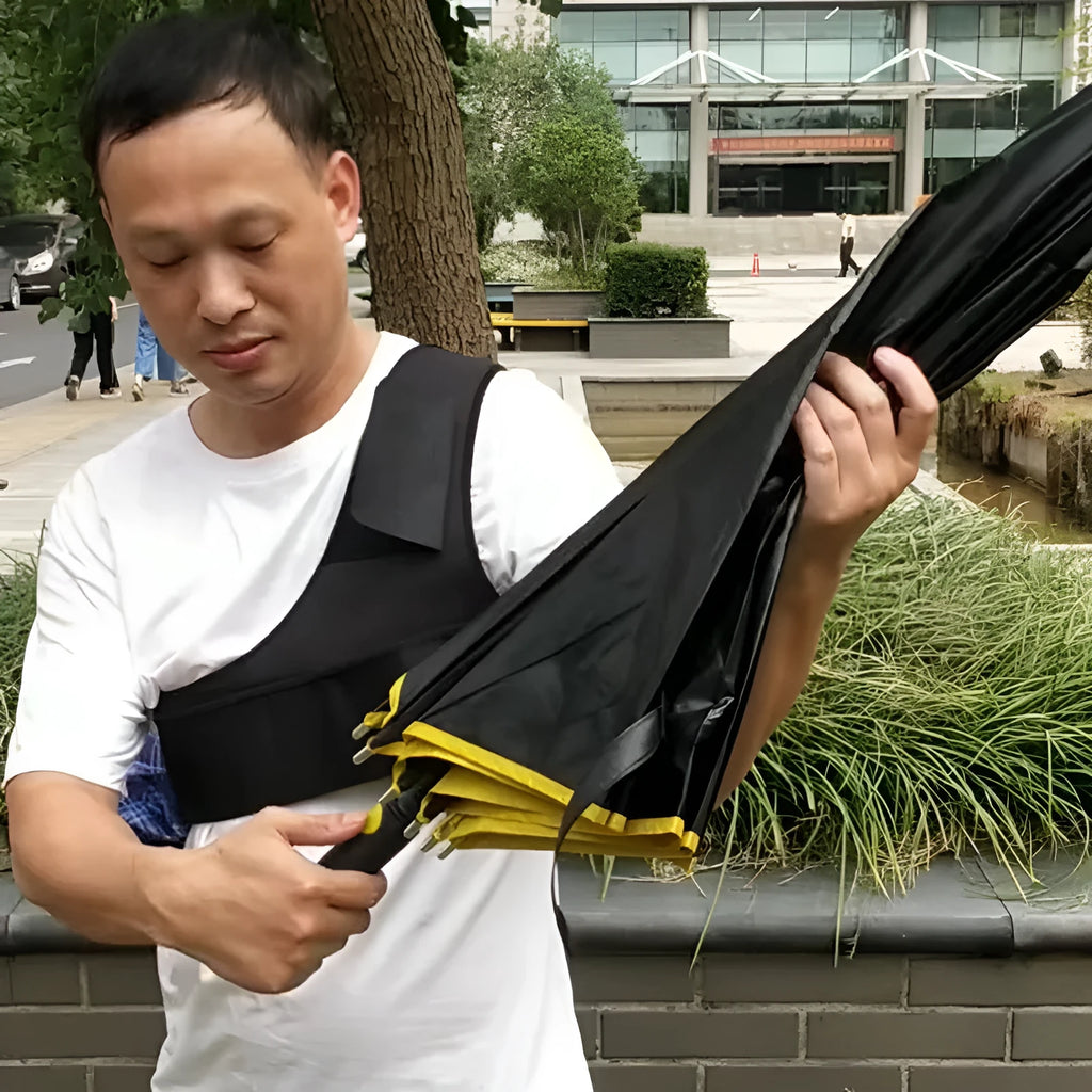 Black portable umbrella holder with shoulder strap showing diving cloth material and adjustable size options
