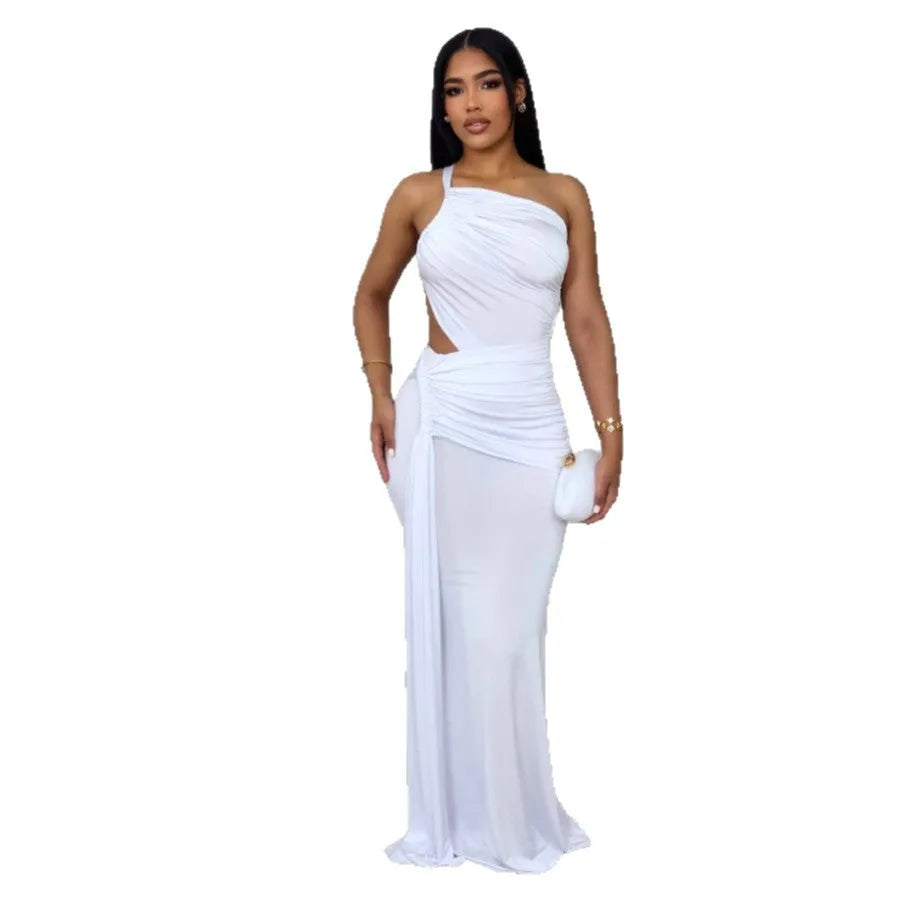Women's long one-shoulder pleated dress in solid colour with European-American styling