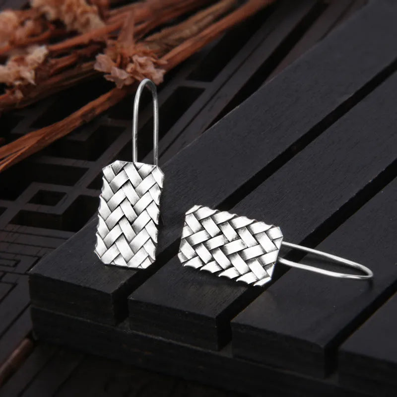 Silver geometric woven plaid drop earrings for women, 17.5mm by 11mm.