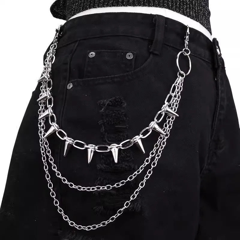 Silver metal punk pants chain, 115cm long, shown fastened to a pair of jeans.