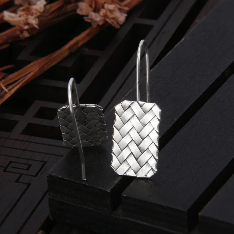 Silver geometric woven plaid drop earrings for women, 17.5mm by 11mm.