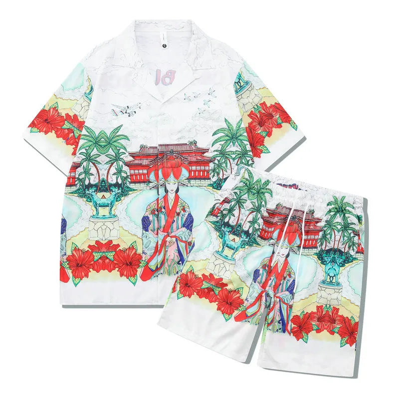 Plaid print beach outfit with short sleeve shirt and matching pants on mannequin