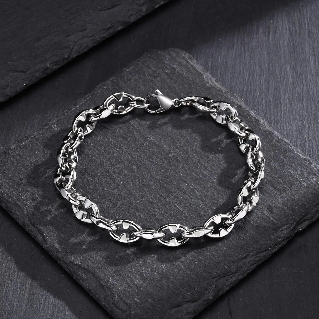 Handmade stainless steel thick chain bracelet with geometric links in steel colour