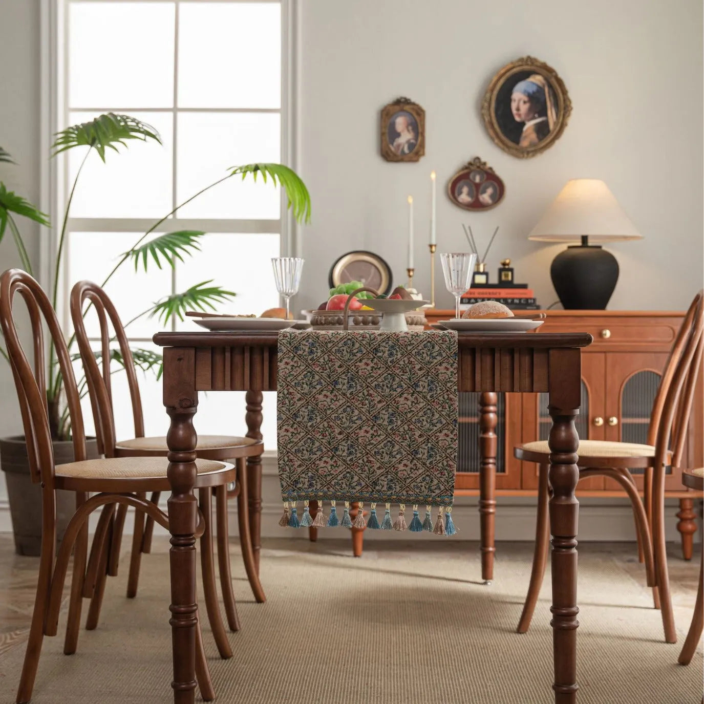 Rhyme Nordic Jacquard table runner with bouquet stripe pattern and tassel trim on dining table