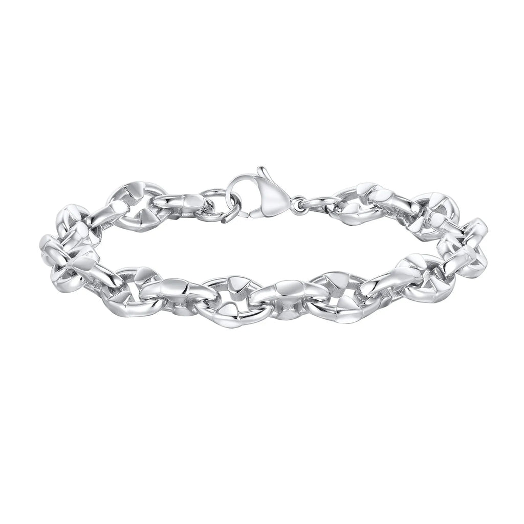 Handmade stainless steel thick chain bracelet with geometric links in steel colour