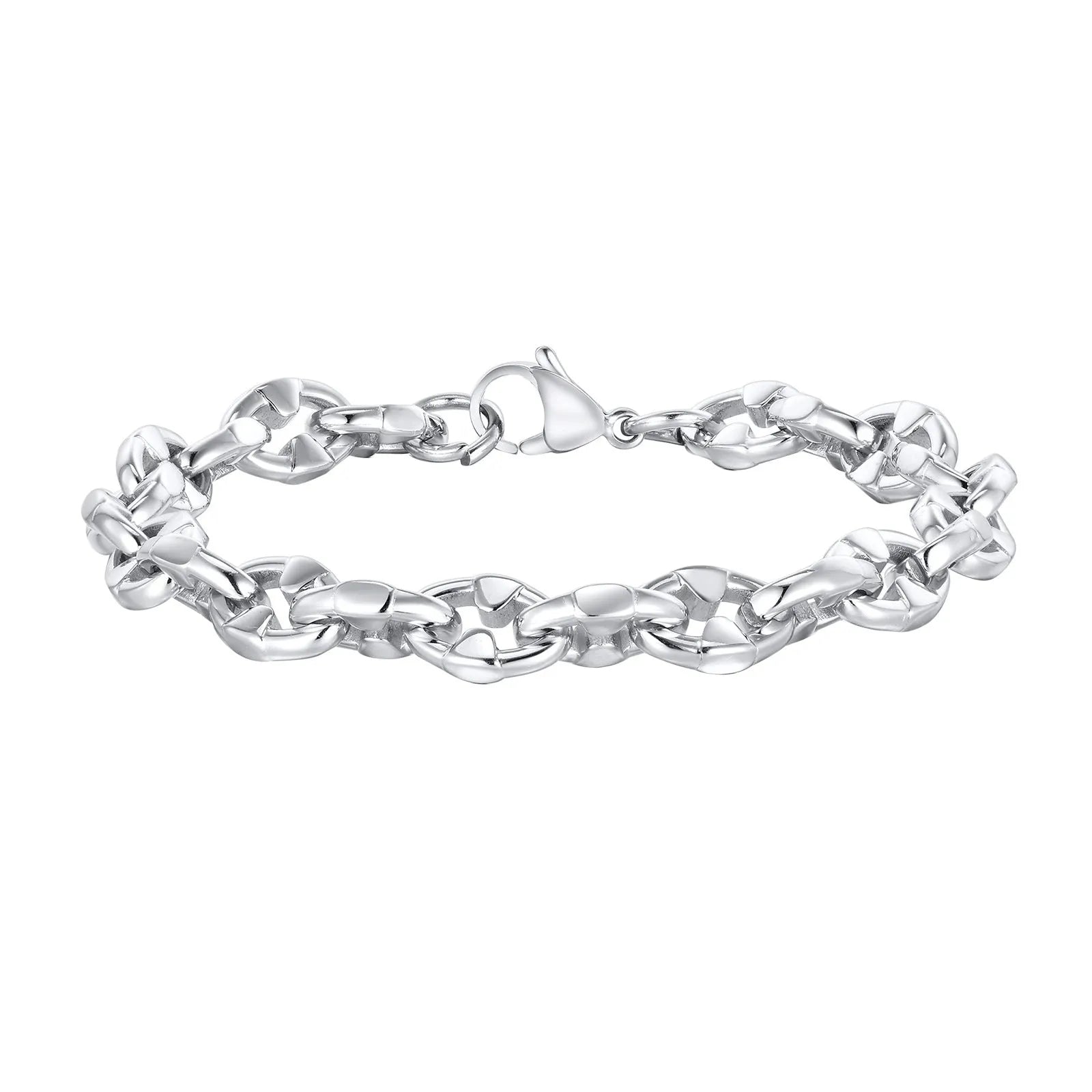 Handmade stainless steel thick chain bracelet with geometric links in steel colour