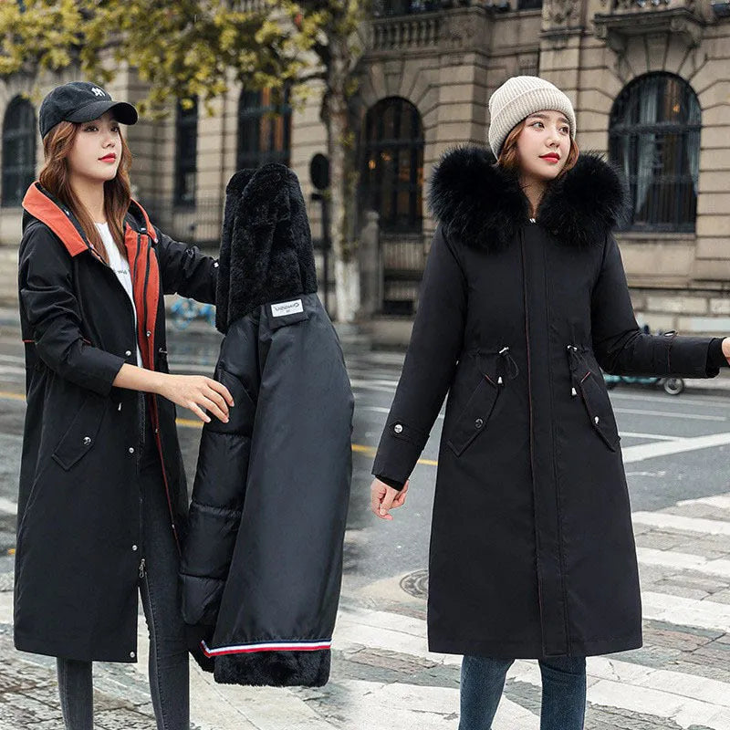 Women's long white fleece trench coat with cotton padding, showing elegant style and 100cm length.