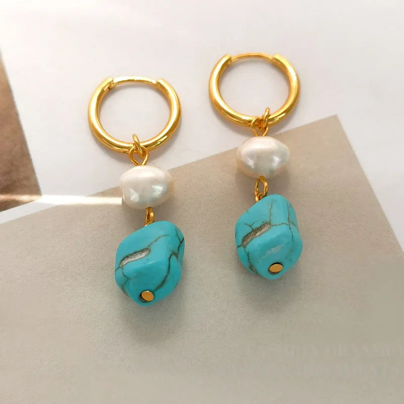 Copper geometry earrings with irregular turquoise stones and cultured pearls in short and long styles