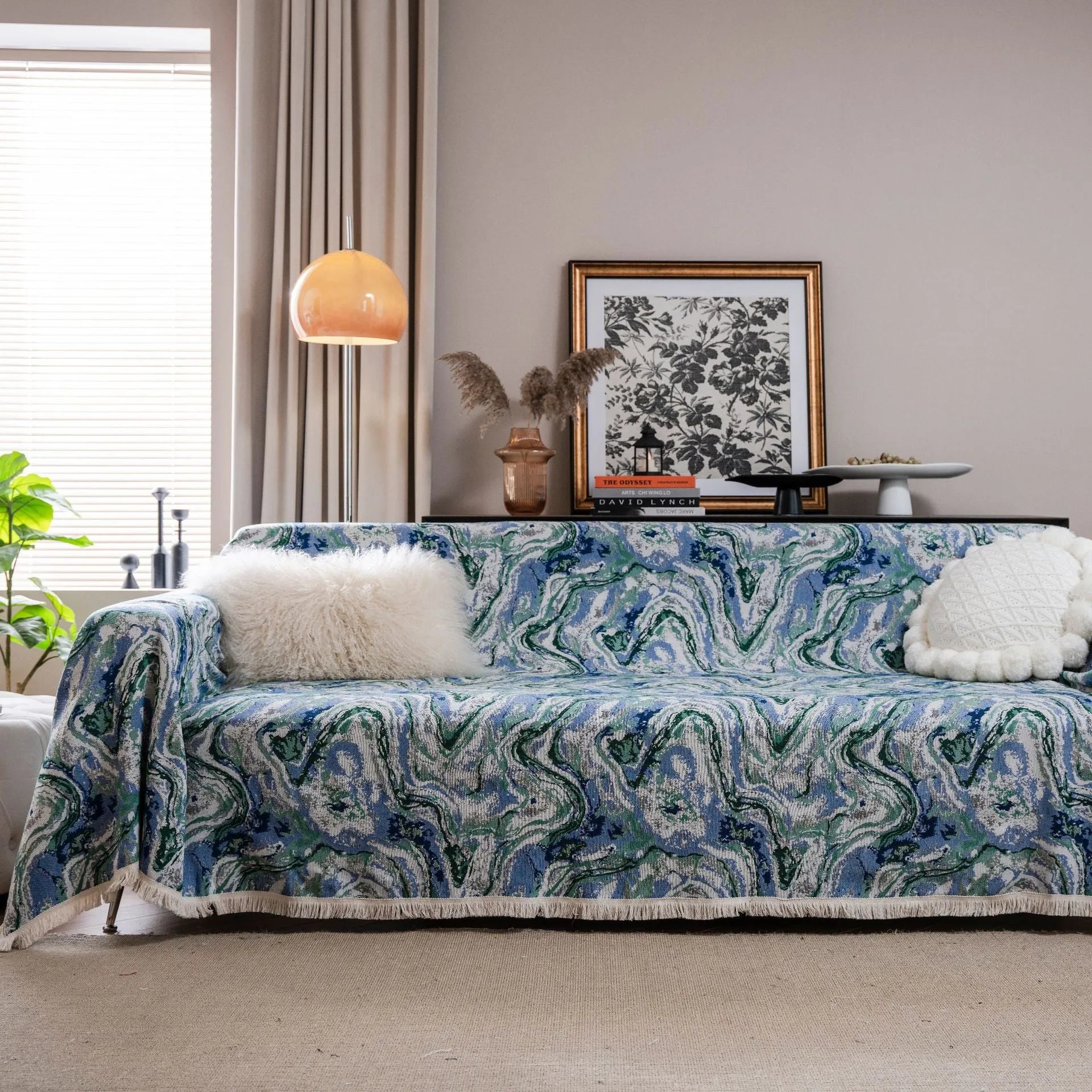 American country style jacquard patterned sofa cover in polyester cotton fabric on a sofa.