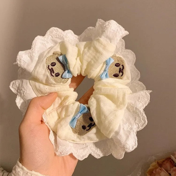 Blue bear bow lace elastic cloth hair ring large intestine style hair accessory