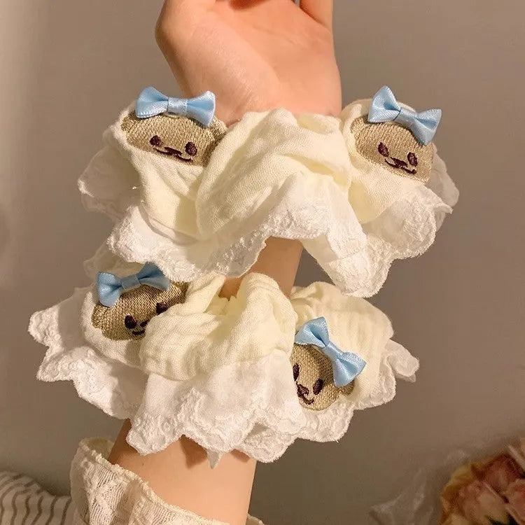 Blue bear bow lace elastic cloth hair ring large intestine style hair accessory