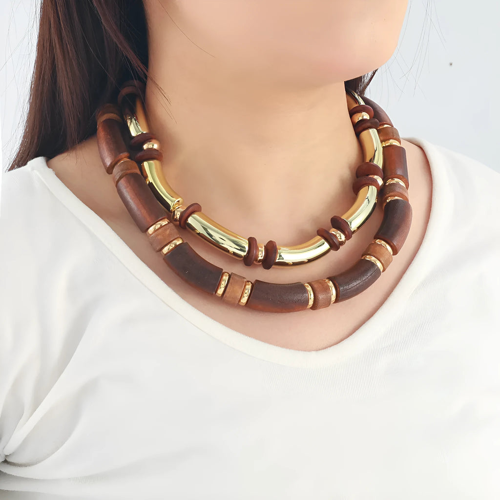 Women's multi-layer wooden necklace and bracelet set with circular alloy pendants