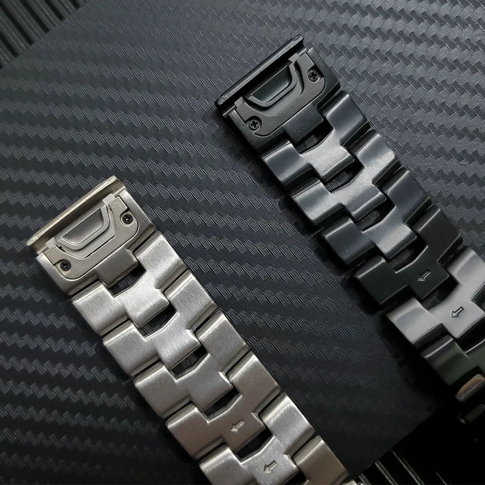 Garmin Fenix watch metal replacement strap in silver, black, or titanium colour, 22mm or 26mm width