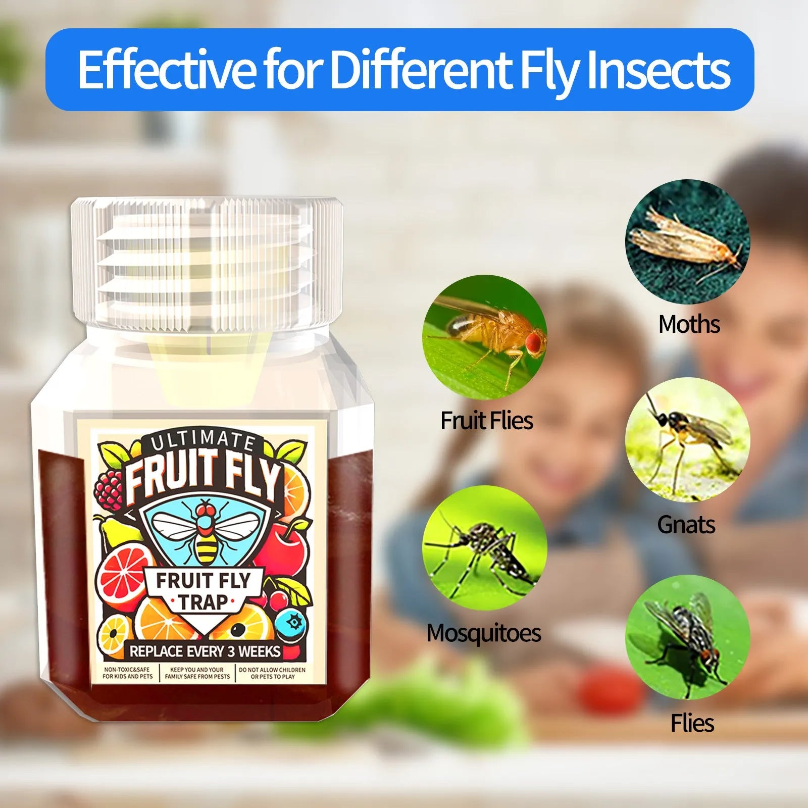 Fruit fly bait liquid bottle with specification options including with and without funnel accessories
