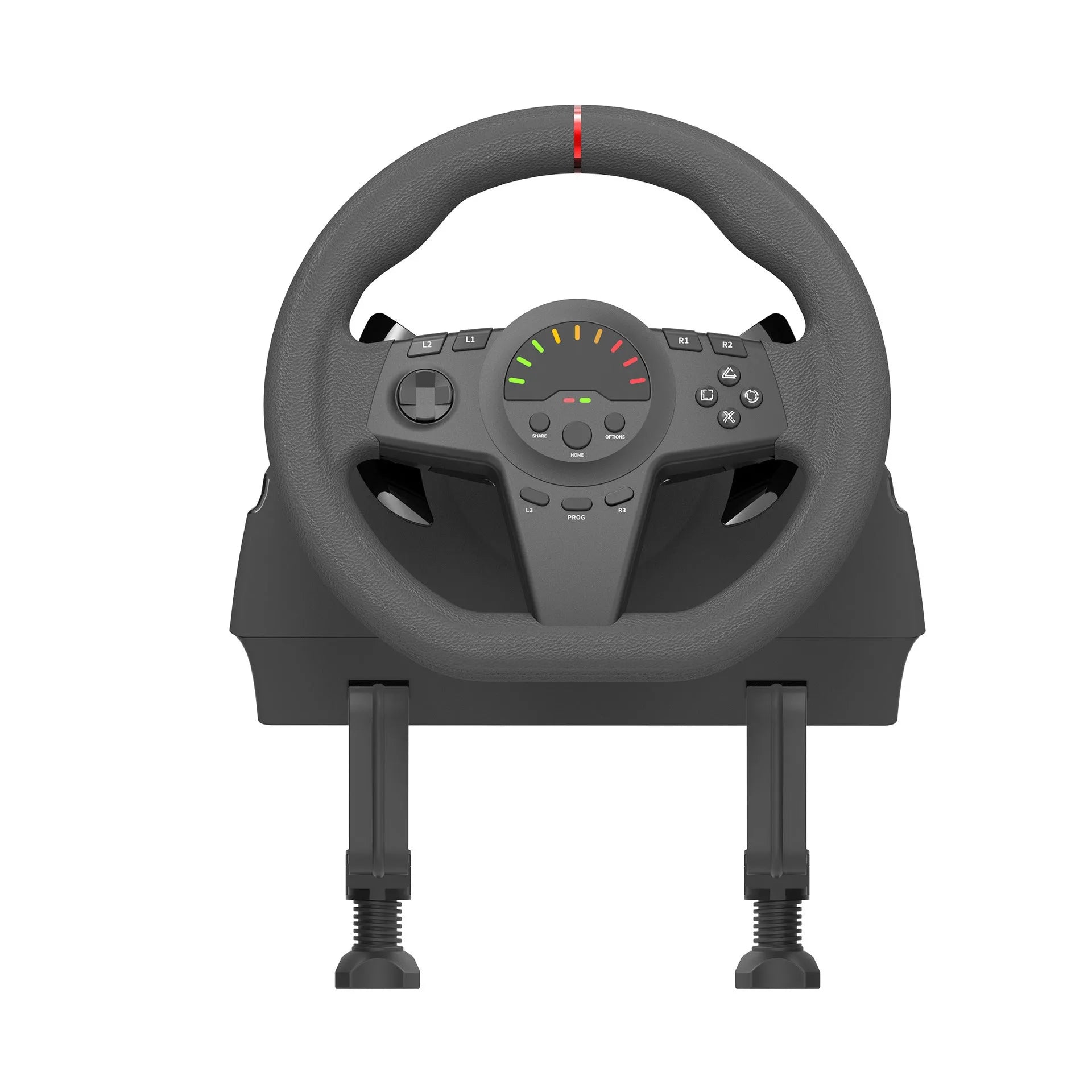 Black multi-platform gaming steering wheel with two pedals and LED displays