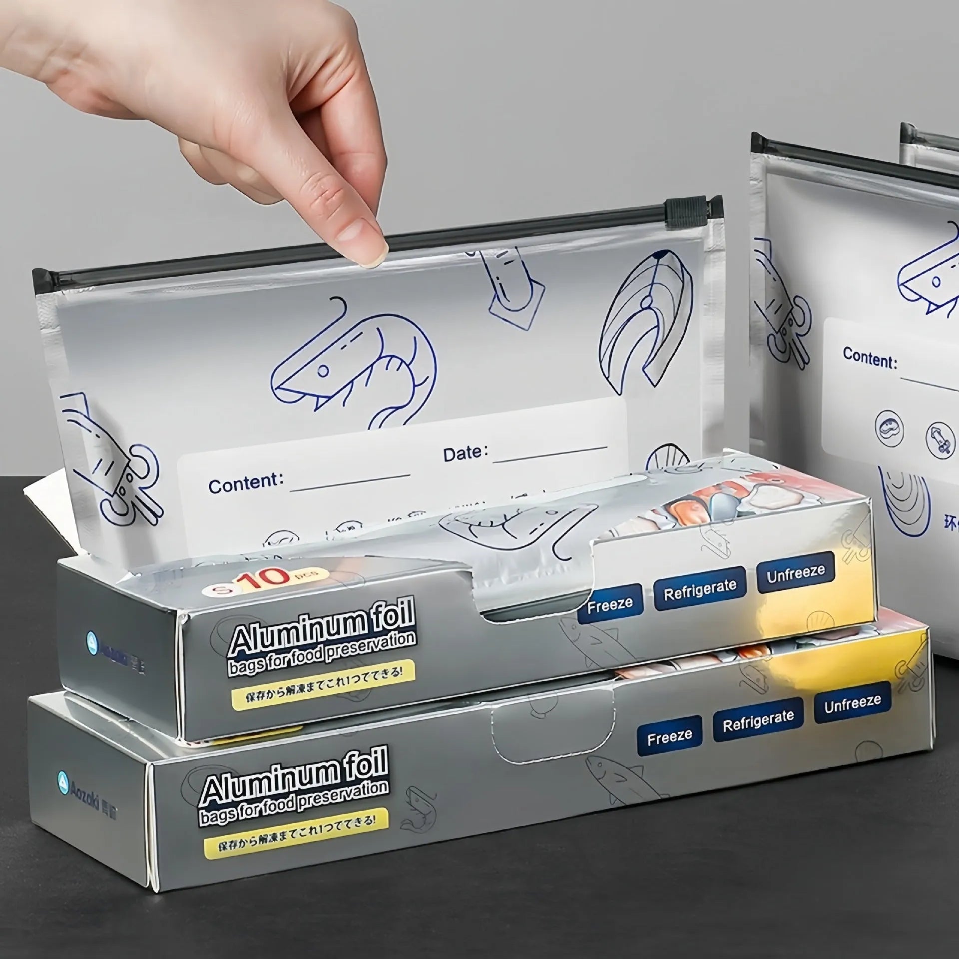 Pack of ten aluminium foil fresh-keeping bags in three sizes: small, medium, and large.