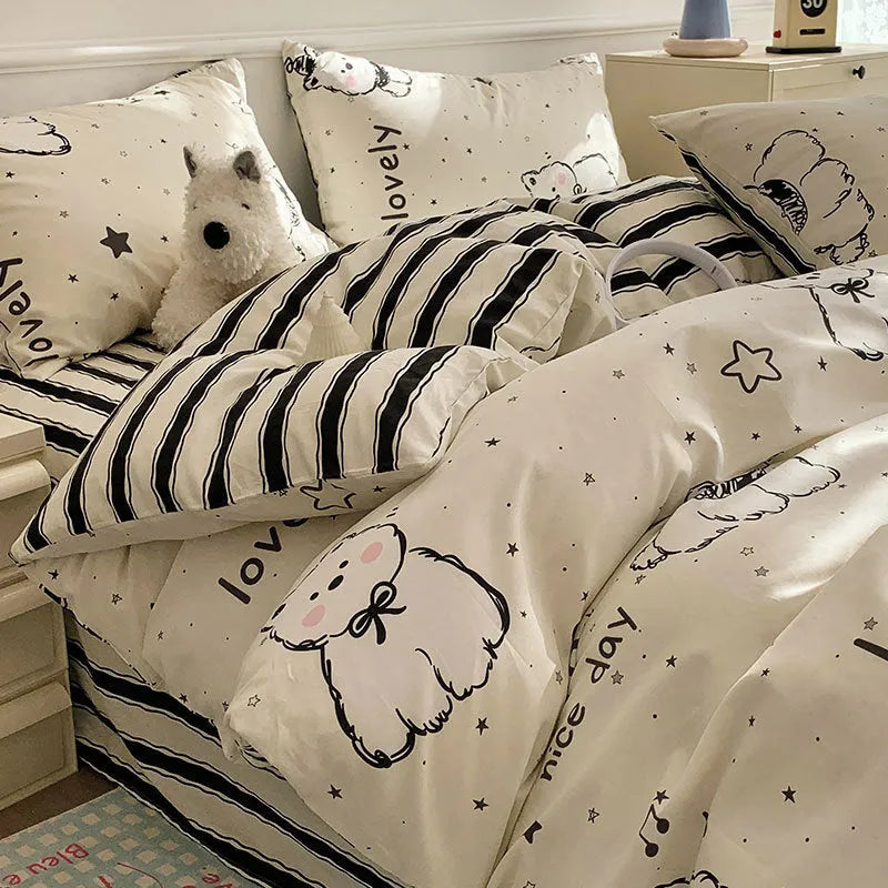 Cartoon dog pattern cotton four-piece bedding set with duvet cover, fitted sheet, and pillowcases