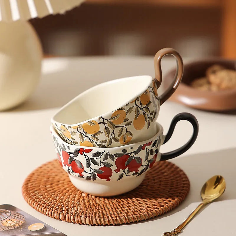 Retro ceramic coffee cup and saucer set in black or orange with medieval design