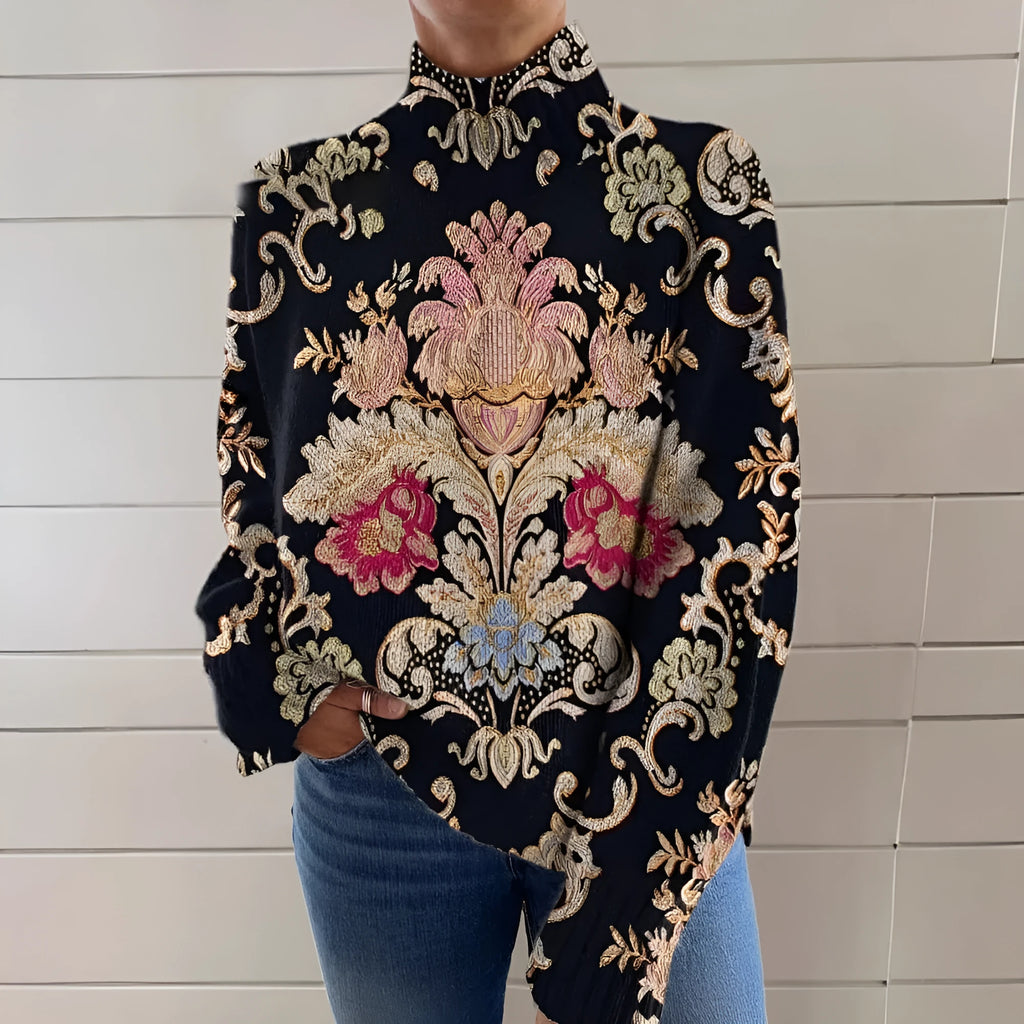 Black knit pullover sweater with a 3D printed pattern, shown in a loose fit.