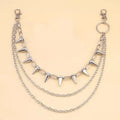 Silver metal punk pants chain, 115cm long, shown fastened to a pair of jeans.
