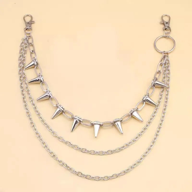 Silver metal punk pants chain, 115cm long, shown fastened to a pair of jeans.