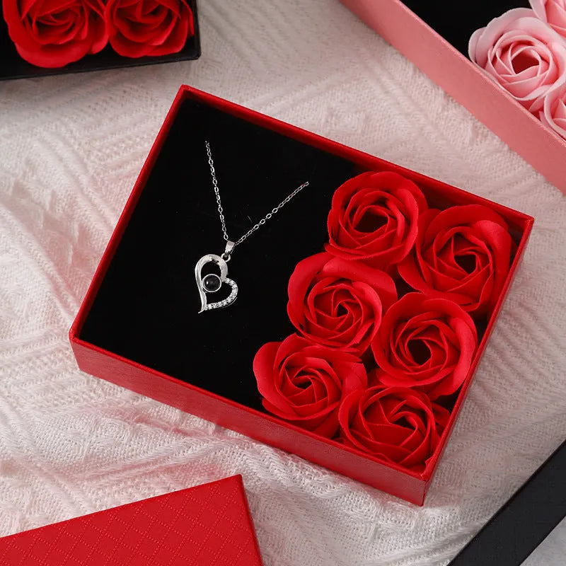 Soap flower gift set with six roses in a red Korean-style box, includes a handbag.
