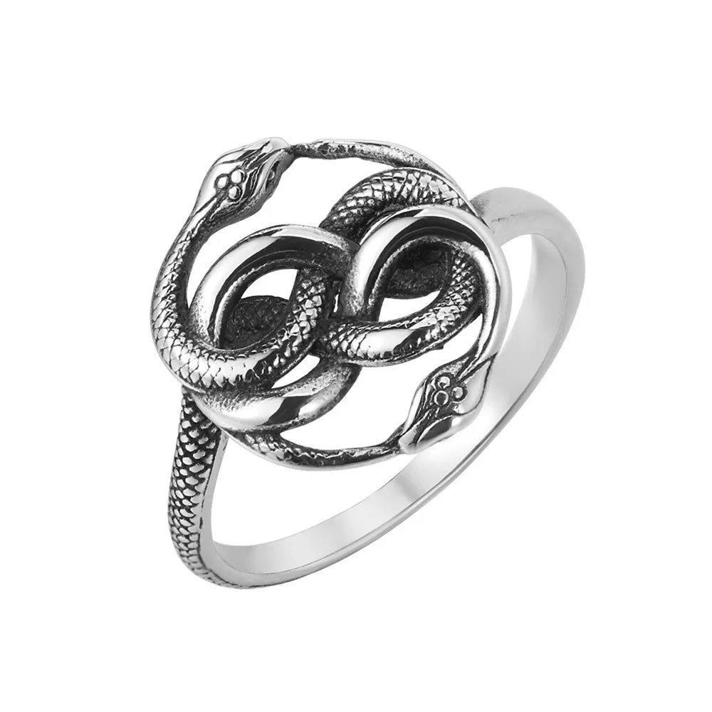 Titanium steel alloy double snake ring in retro European American style with steel colour finish