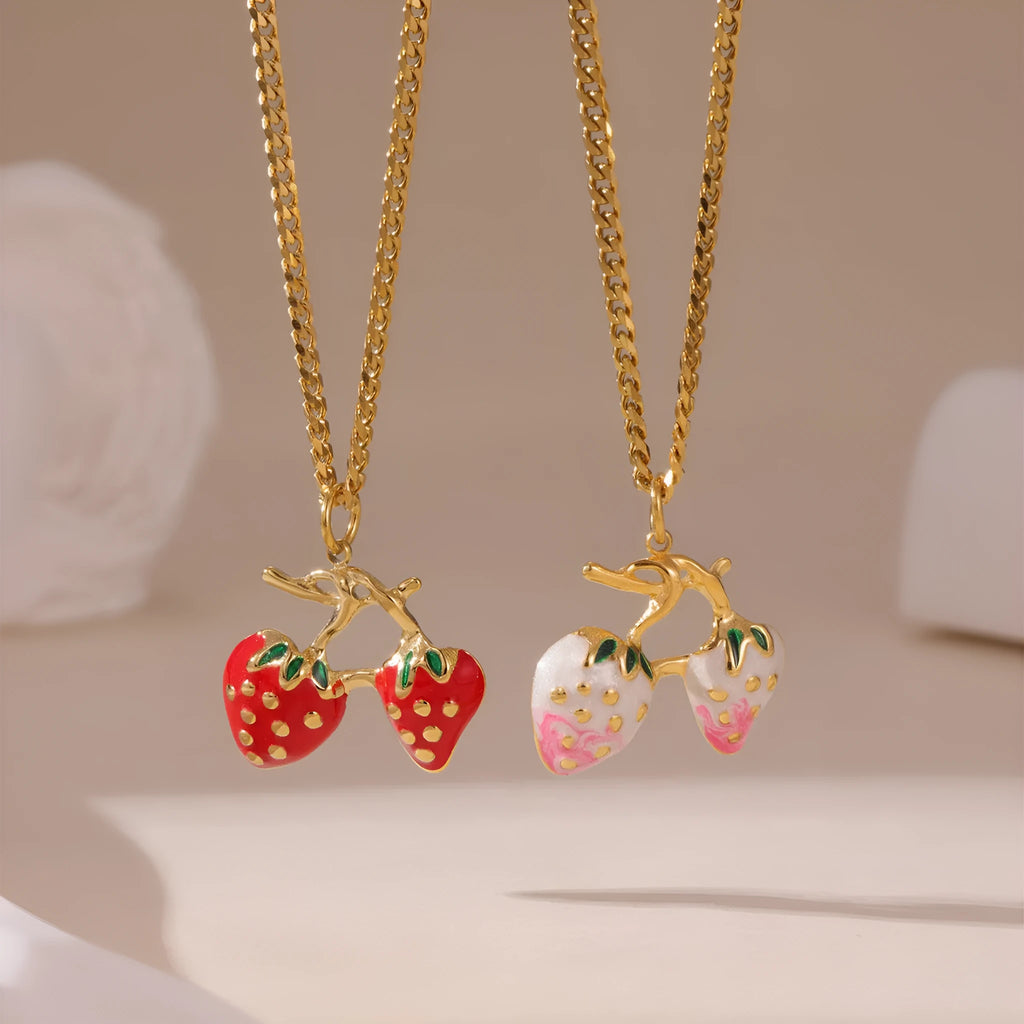 Strawberry fruit pendant necklace in stainless steel with red or white powder gradient finish