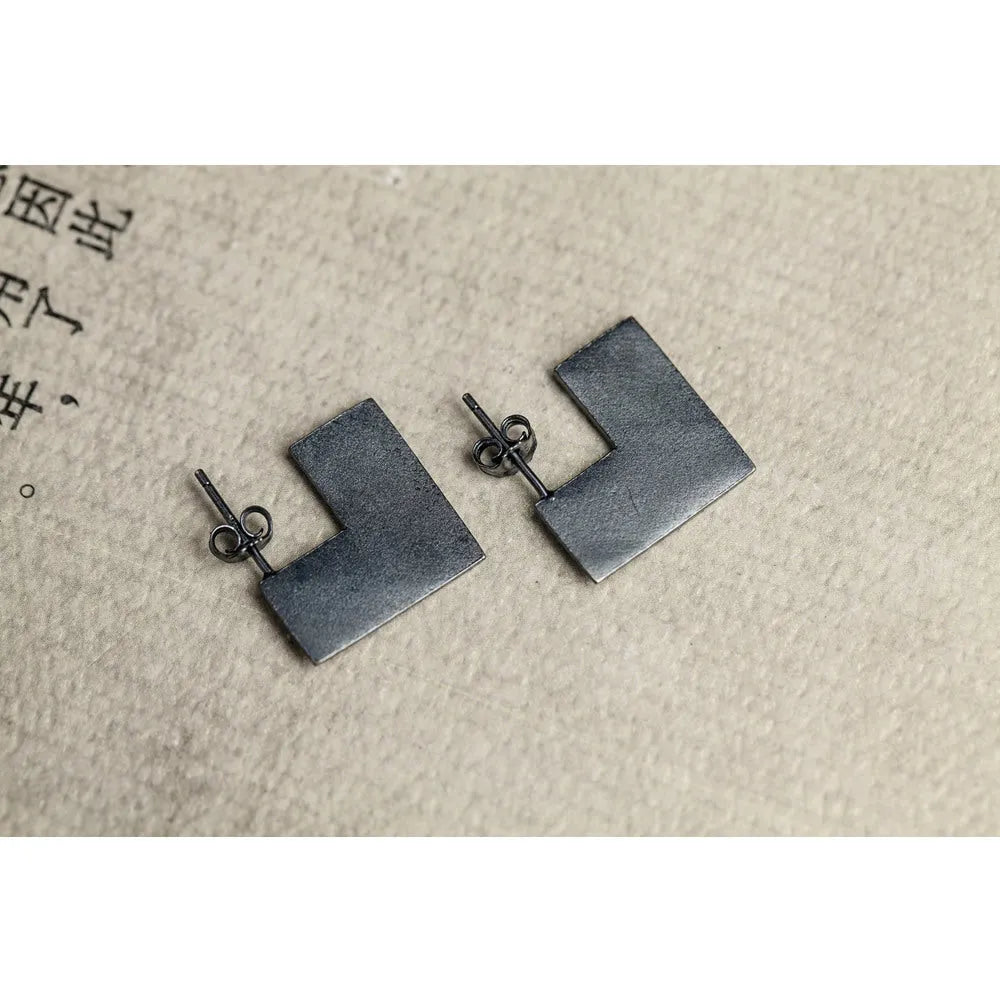 Single oxidised black sterling silver square geometric earring, approximately 16mm, with alloy post.
