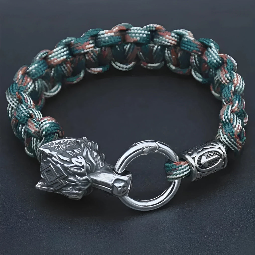 Stainless steel wolf head bracelet with Luen characters in camouflage colour.
