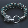 Stainless steel wolf head bracelet with Luen characters in camouflage colour.