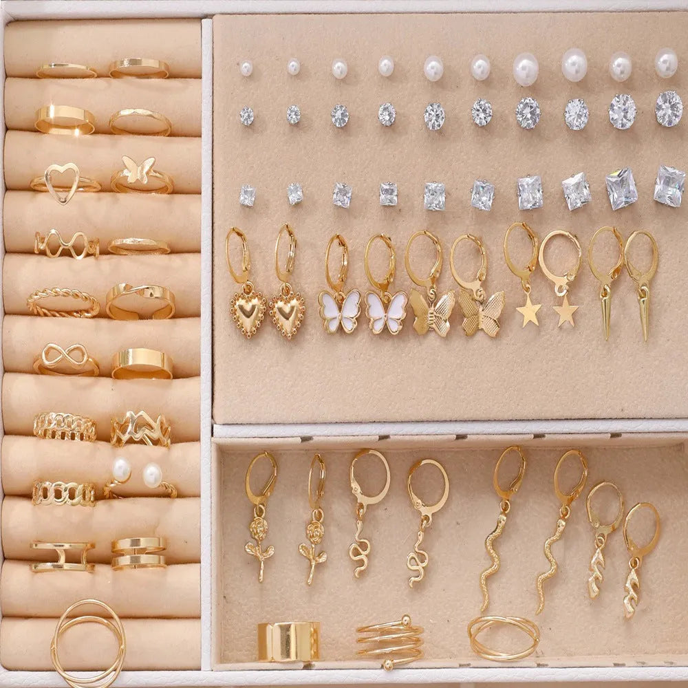 108-piece gold and yellow geometric pearl earring set with round decorative elements