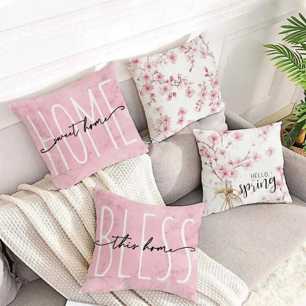 Square cherry blossom pattern velvet cushion cover measuring 45 by 45 centimetres