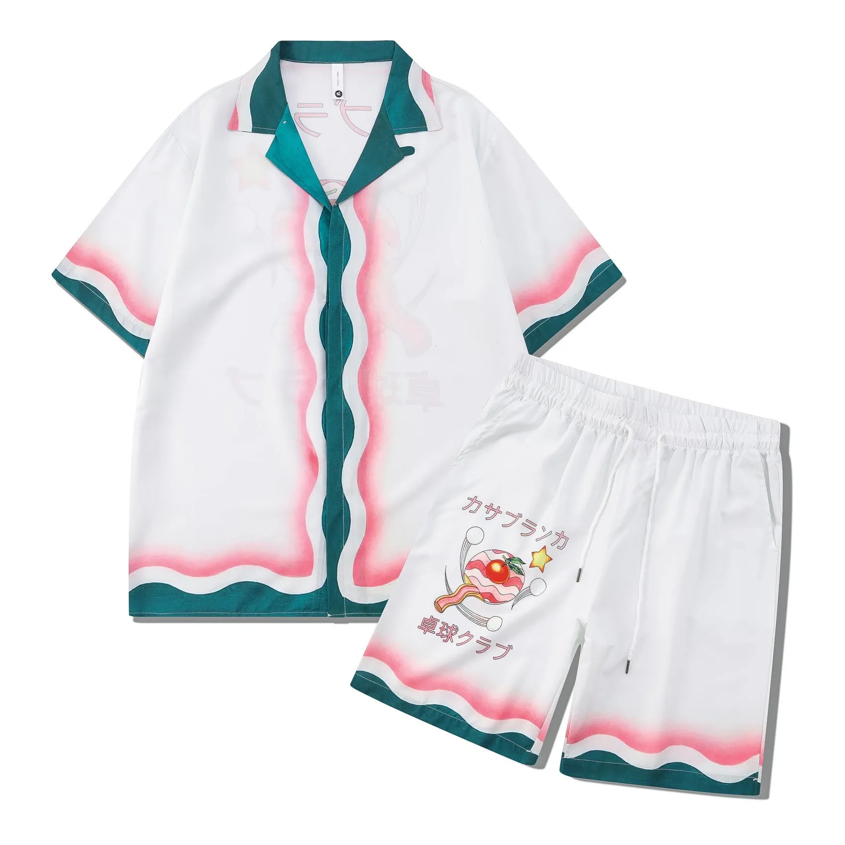Plaid print beach outfit with short sleeve shirt and matching pants on mannequin