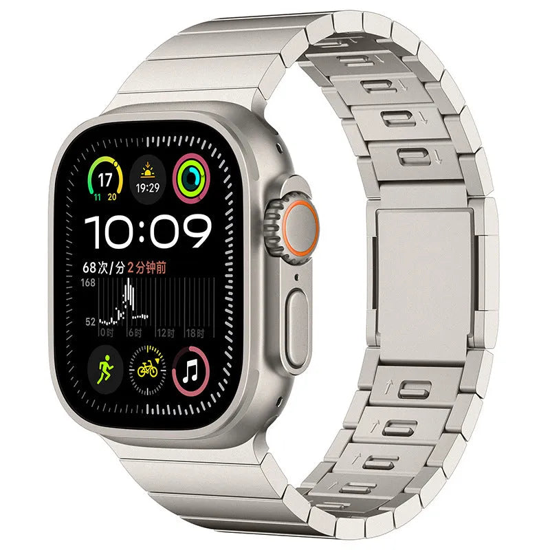 Stainless steel magnetic buckle watch strap for Apple Watch in silver colour showing business style and magnetic clasp