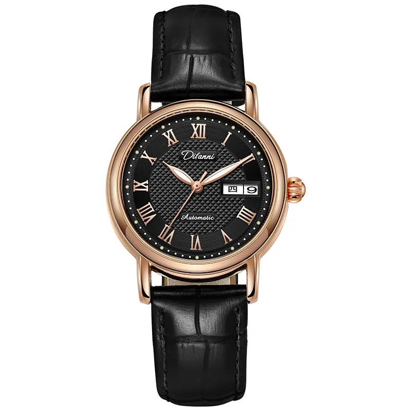 Women's automatic mechanical watch with 12mm thick case on a stainless steel bracelet with a white dial.