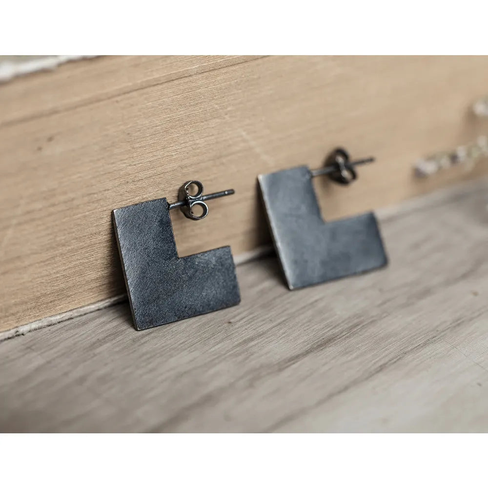 Single oxidised black sterling silver square geometric earring, approximately 16mm, with alloy post.
