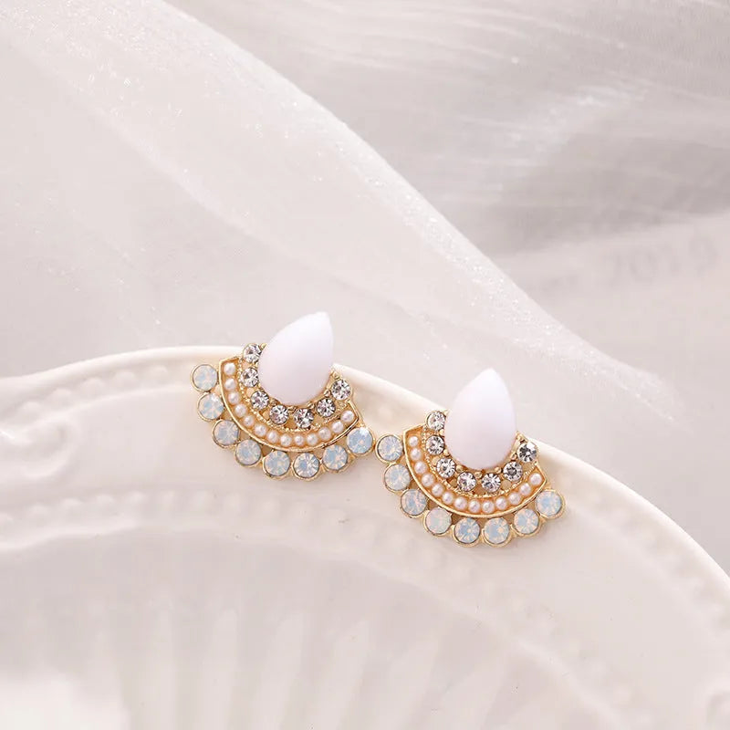 Women's retro fan-shaped geometric earrings with electroplated sterling silver finish and opal rhinestone accents