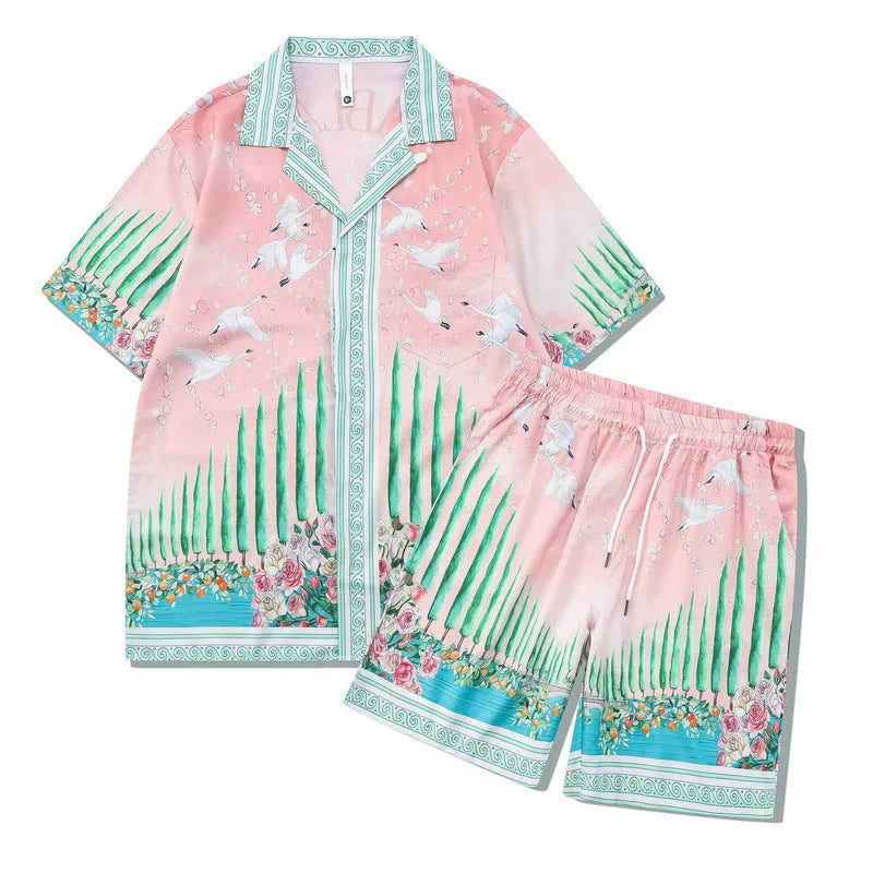 Plaid print beach outfit with short sleeve shirt and matching pants on mannequin