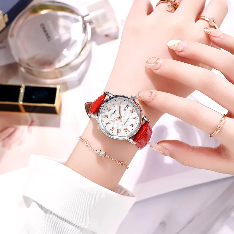 Women's automatic mechanical watch with 12mm thick case on a stainless steel bracelet with a white dial.