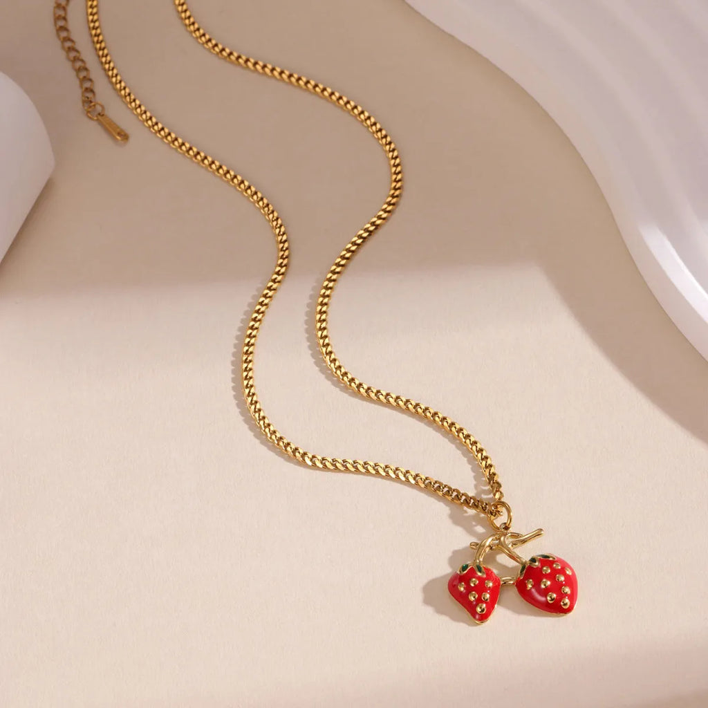Strawberry fruit pendant necklace in stainless steel with red or white powder gradient finish