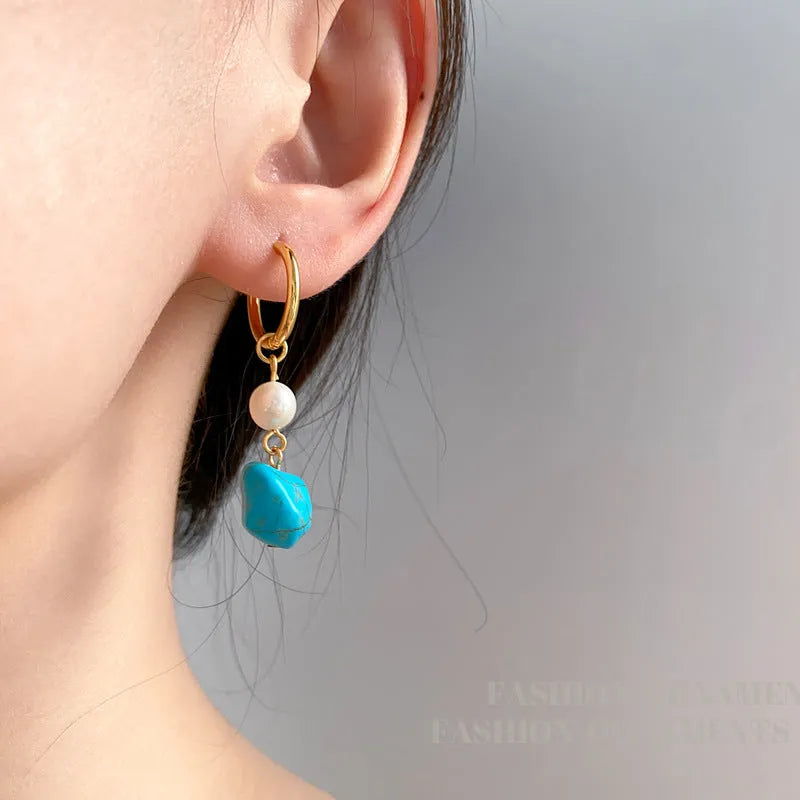 Copper geometry earrings with irregular turquoise stones and cultured pearls in short and long styles