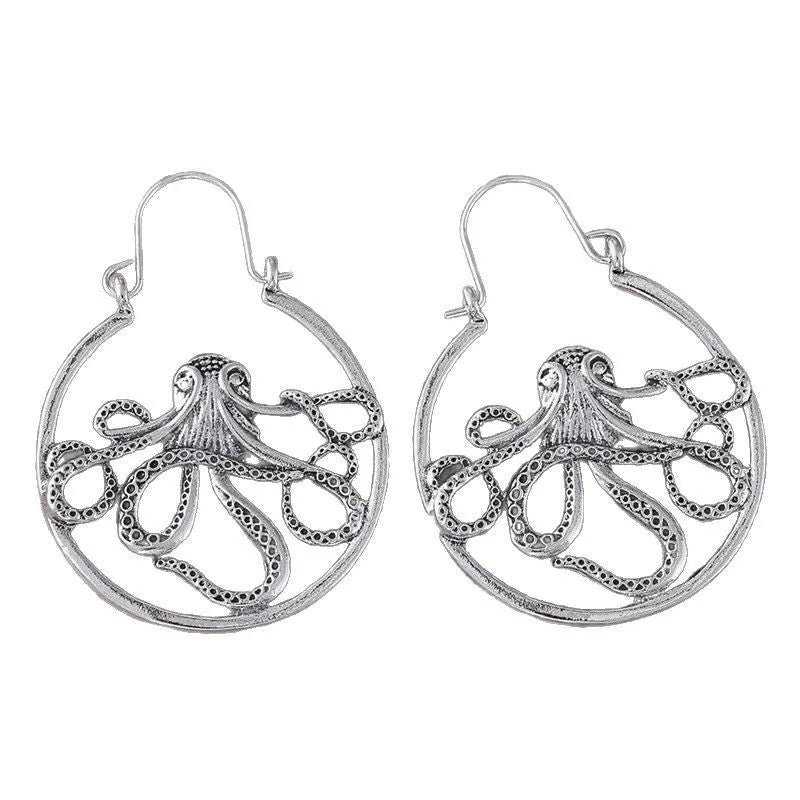Vintage octopus earrings in antique silver colour with detailed animal zodiac design