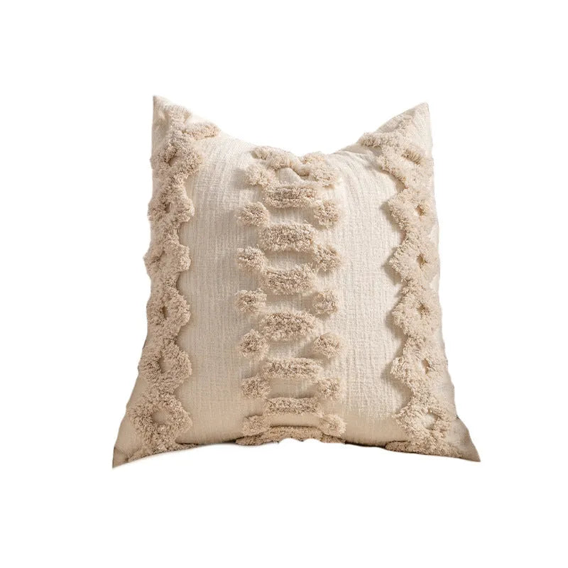 Knitted cushion cover with tassel trim and printed pattern in 45x45cm size